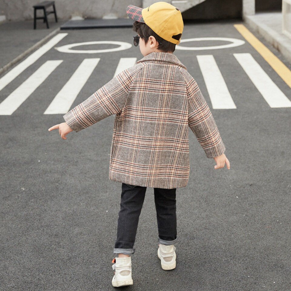 Neuheit Plaid Lässig freundlicher Jungen Wolle Mantel Für 3-12Jahre Frühling Herbst Lange Hülse Drehen-unten Kragen Jungen oberbekleidung