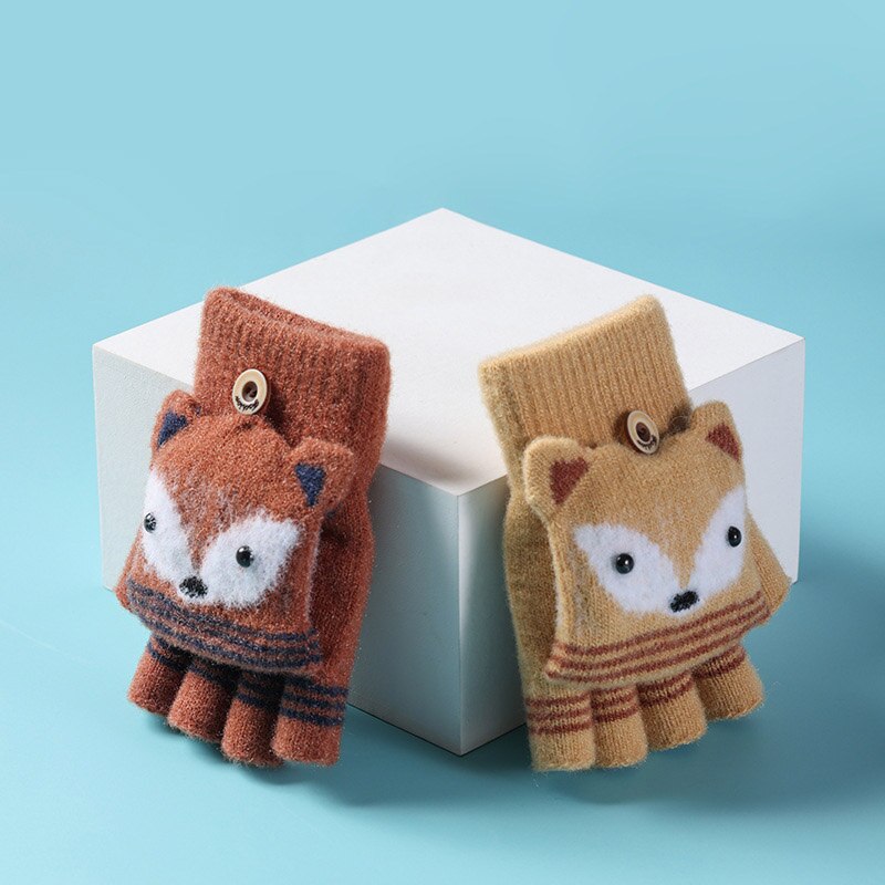 Leuke Cartoon Vos Kinderen Handschoenen Zachte Warme Gebreide Halve Vinger Jongens Meisjes Handschoenen Winter Outdoor Vijf Vingers Baby Handschoenen wanten