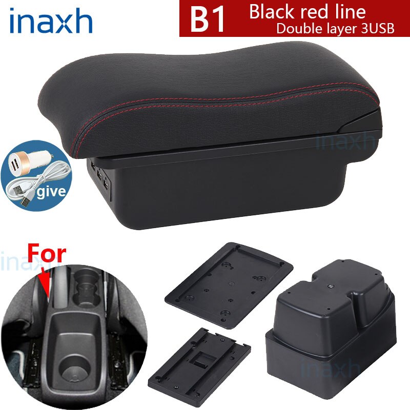 Für Ford Fest Armlehne Kasten Innen Teile spezielle nachrüsten teile Auto Armlehne Zentrum Speicher Kasten mit USB LED licht: B1 Schwarz rot 3USB