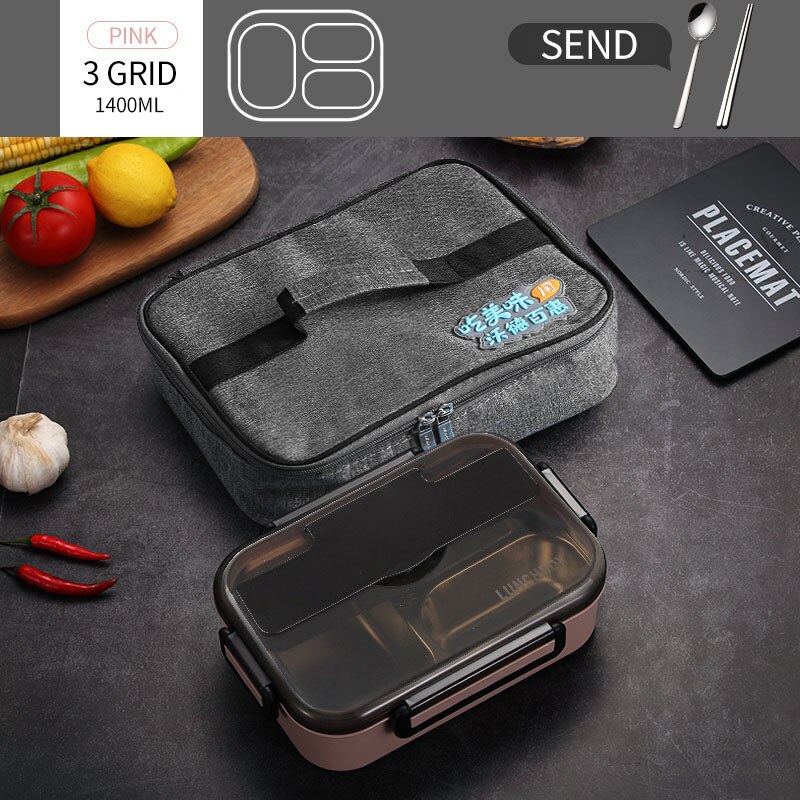 WORTHBUY fiambrera japonesa para niños con compartimentos, caja Bento de acero inoxidable 304 para niños, caja contenedora de alimentos con vajilla: 3 Grid Pink And Bag