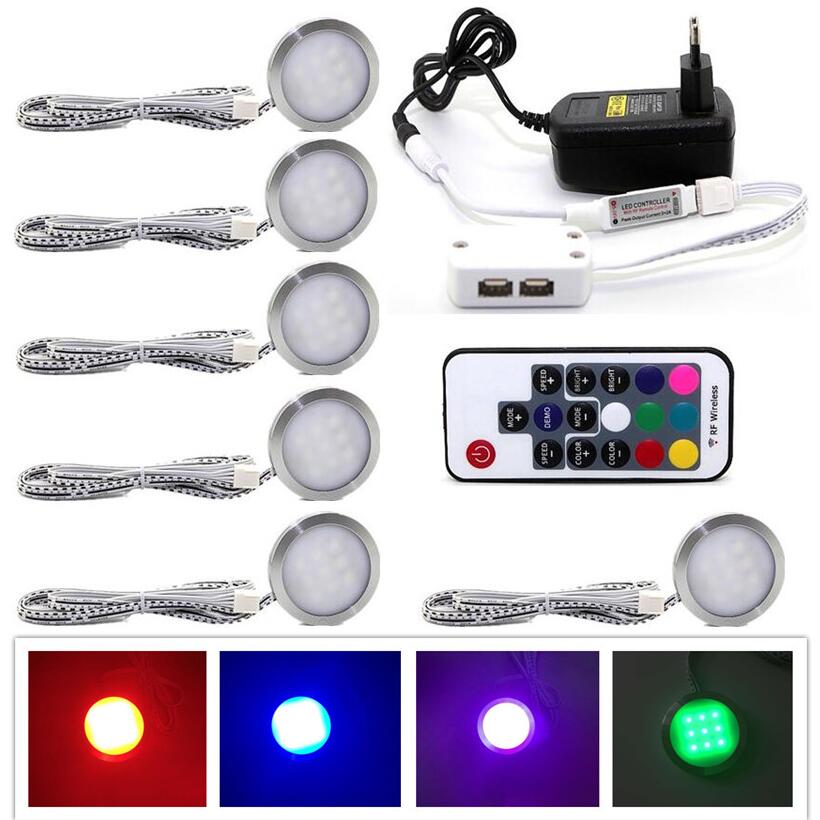 Ledet under skap lys downlight spotlights kit med rf fjernkontroll dimbar rgb for hjemmekjøkken benkeskap belysning