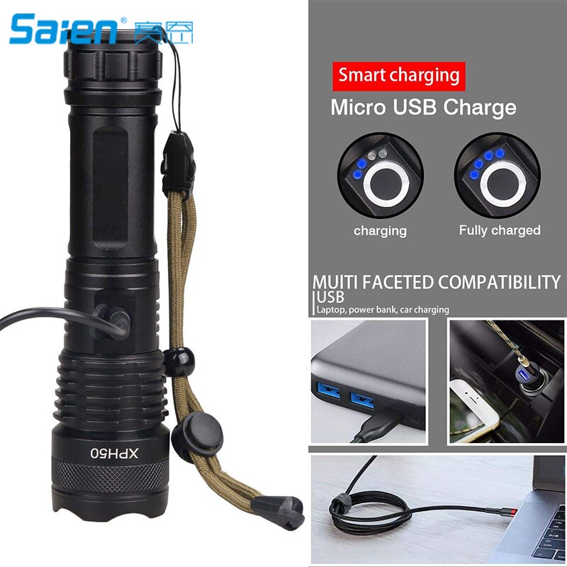 LED Flashlight High Lumens Brightest Light with XHP-50 LED, USB Rechargeable Flashlight with Power Indicator Zoomable Flashlight