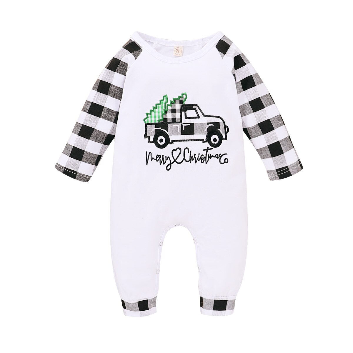 Nyfödda flickor halloween tacksägelse jul jumpsuits rund hals långärmad tecknad rand rutig lång romper overall kläder: D / 18m