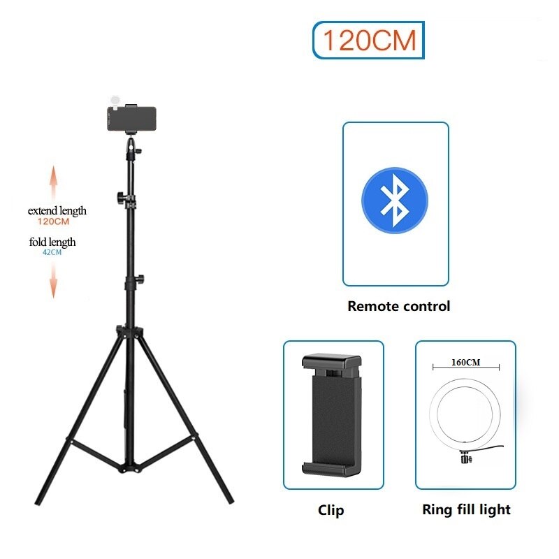 Portable Aluminum Phone Camera Live Brodcast Tripod Stand Mount Digital for Phone and Ipad with Ring Fill Light Remote Control: 120cm fill light pac