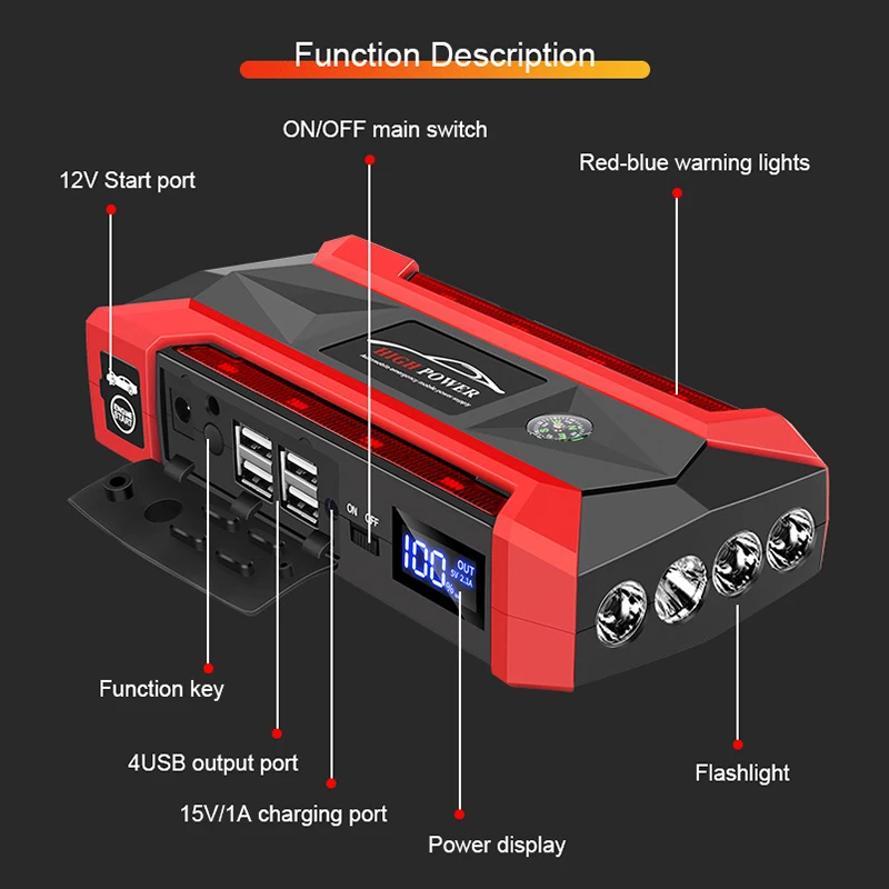 Chargeur de batterie de voiture portable, démarreur automatique pour diabétique, booster de démarrage d'urgence, alimentation, or, diesel, 12V, 30000mAh