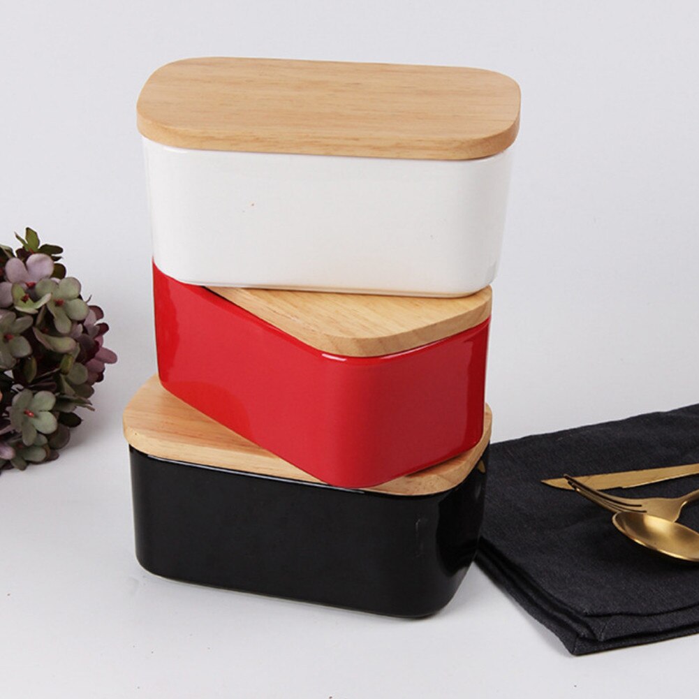 Japanese Style Ceramic Wooden Kitchen Storage Box Cheese Butter Dessert Seasoning Food Storage Box for Refrigerator