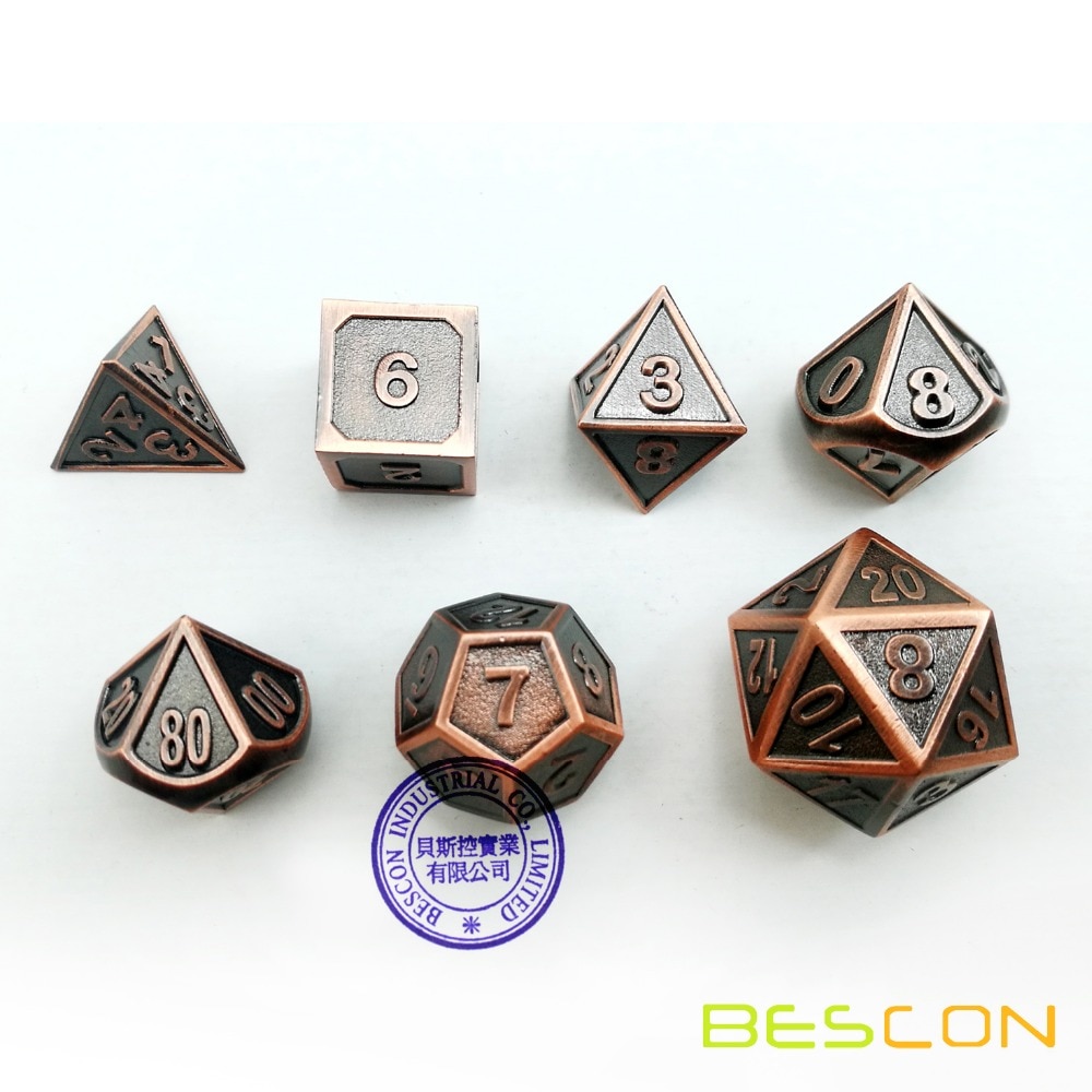 Bescon Stijl Koperen Solide Metalen Polyhedral D & D Dobbelstenen Set Van 7 Koperen Metallic Rpg Rol Playing Game dobbelstenen 7 Pcs Set D4-D20