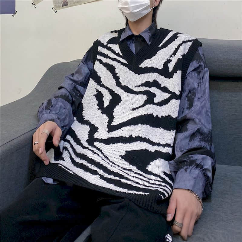 Streetwear punk kamizelka kobiety mężczyźni topsTrend ins biodro-chmiel ulica czarno-biały wzór zebry bez rękawów kamizelka z dzianiny sweter kamizelka