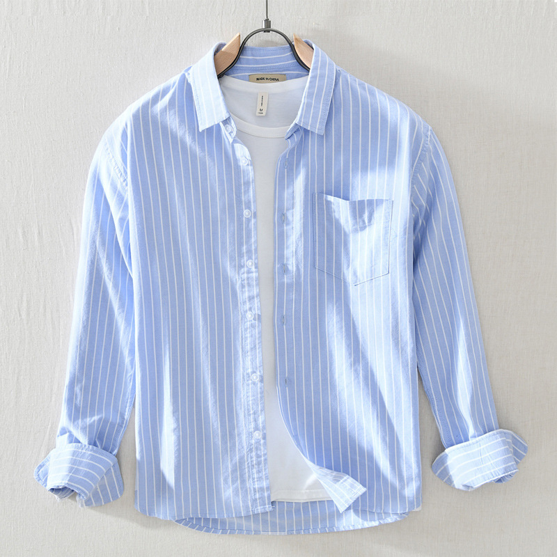 GM803 Men's Vertical Striped Shirts Long Sleeve Premium Cotton Youth Slim Fit Pocket Lapel Workwear Business Casual Tops Male: GM803 Light Blue / XXXL