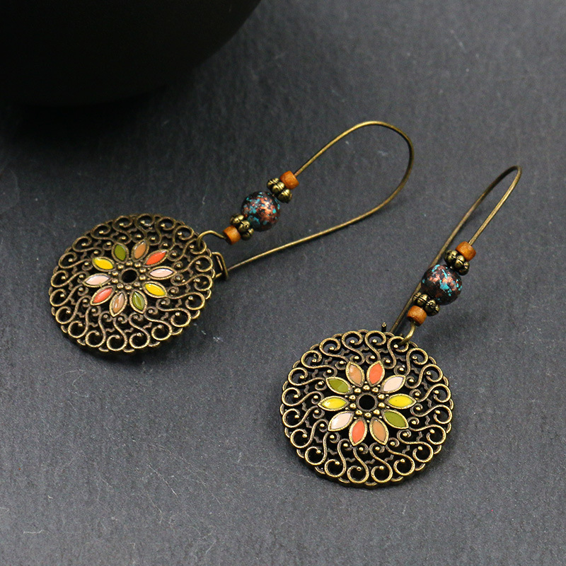 Pendientes colgantes con gancho para la oreja grande bohemio Vintage para mujer, aretes bohemios redondos huecos con forma de hoja geométrica étnica, joyería antigua