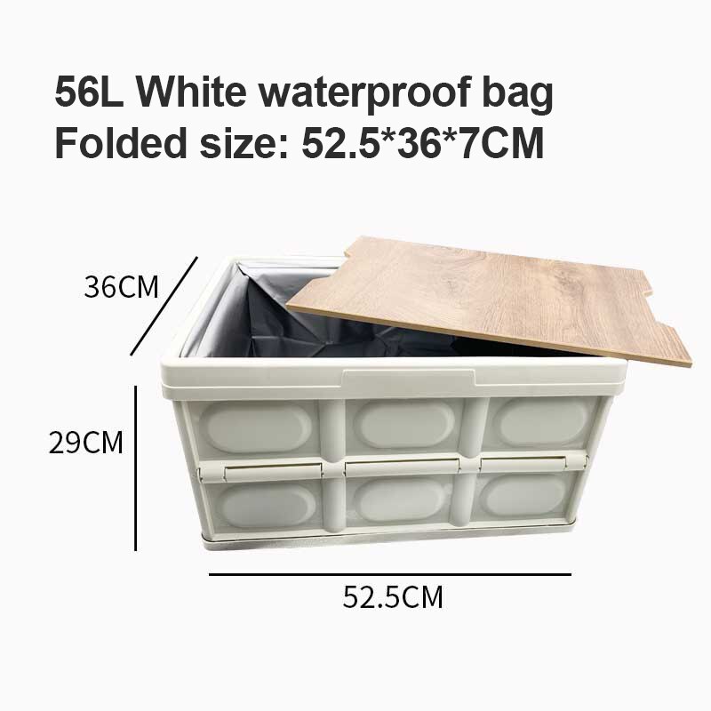 30L 56L Outdoor Plastic Folding Storage Box With Wooden Lid For Travel Organizer Car Sundries Food Container Lunchbox Fiambrera: White 56L bag