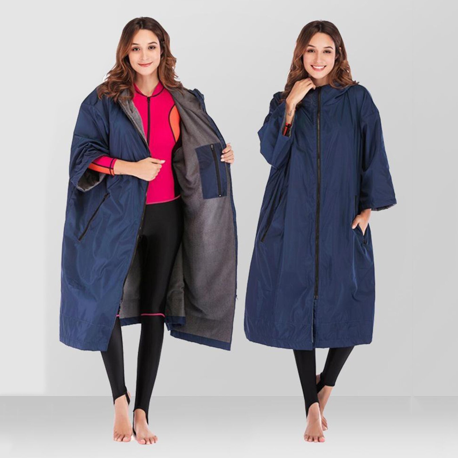 Vip-Adult Waterproof Changing Robe 3/4 Sleeve Beach Changing Robe Jacket Outdoor Windbreaker Cloak Fleece Lining Coat Poncho