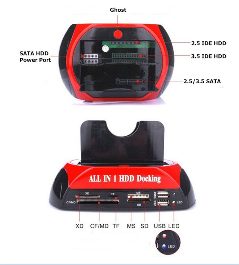 All In 1 2.5" 3.5"IDE SATA HDD Hard Drive Disk Clone Holder Dock Docking Station with Multi Card Reader