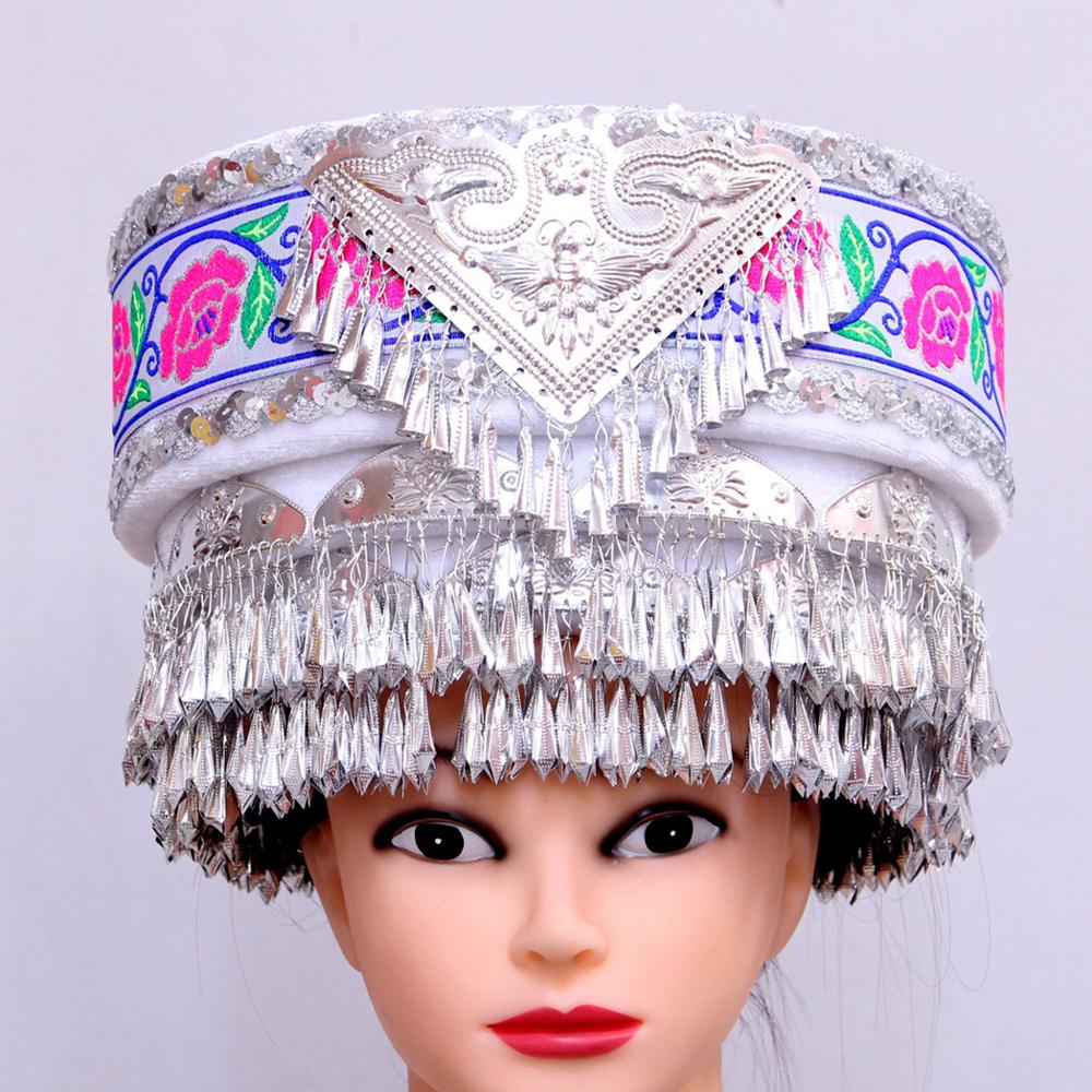 Coiffure de Costume de danse folklorique chinoise pour femmes, chapeaux Hmong Miao argentés, chapeaux de danseuse de scène, vêtements de la minorité chinoise