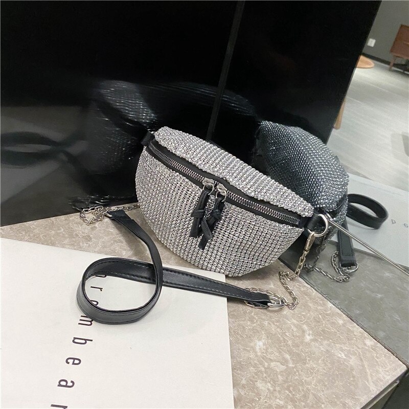 Women Waist Bags Diamonds Ladies Fanny Pack Chest Bag Banana Rhinestone Chain Crossbody Shoulder Bags Belt Bags Girls