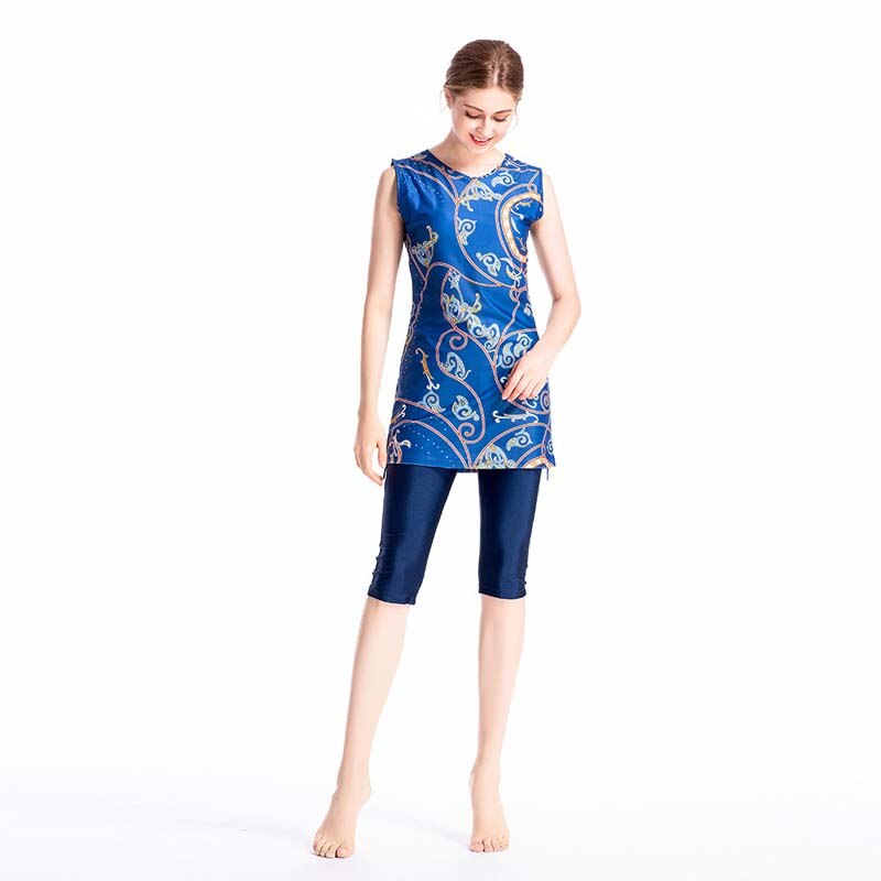 BAILUNMA Muslim Swimwear Women Newest Burkinis Muslim Swimwear Islamic 3 Piece Swimsuit Beachwear Solid Color Vest Swimsuit M082: Blue / L