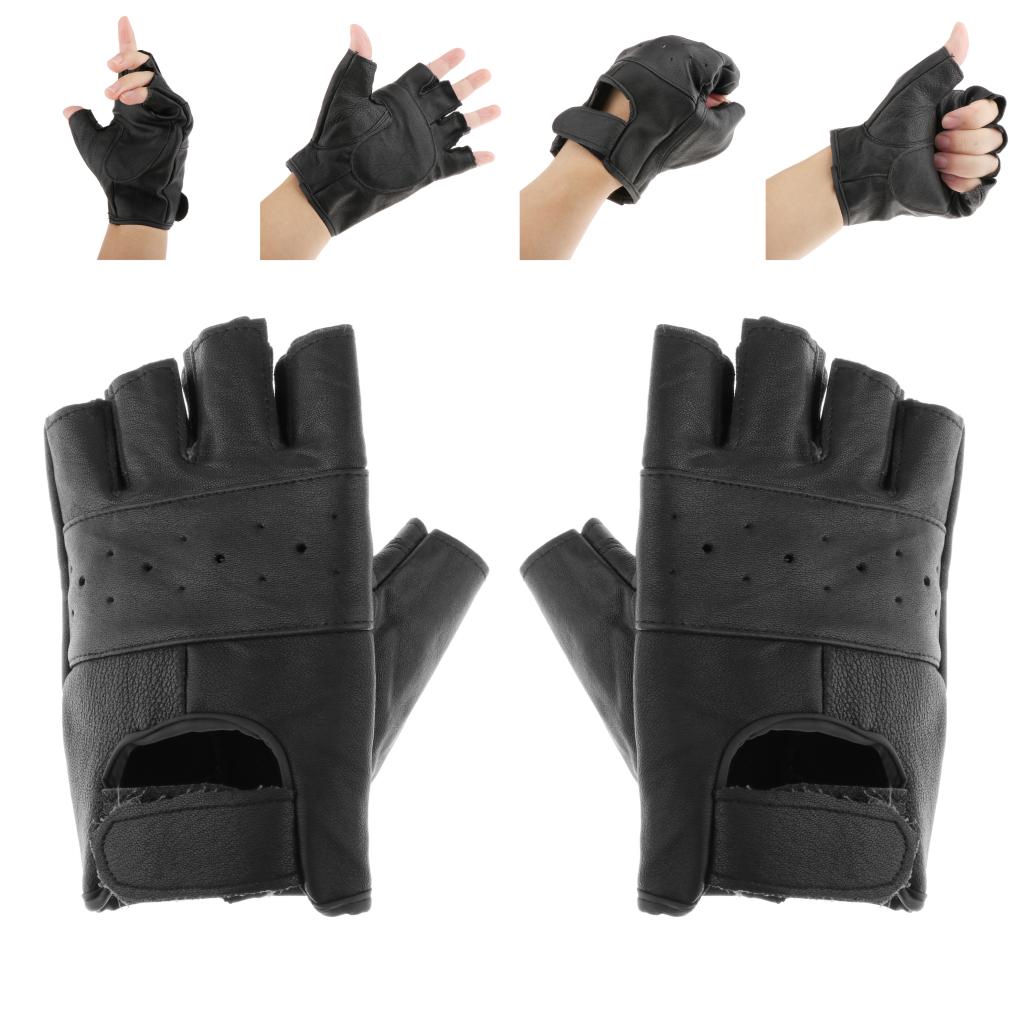 Unisex Punk Women Men Black Half Finger Leather Winter Fingerless Gloves