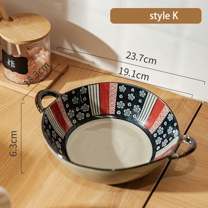7.5 tommer japansk husholdnings nudelskål keramisk suppeskål med håndtak salat pastaskål kjøkken servise mikrobølgeovn baketøy: K