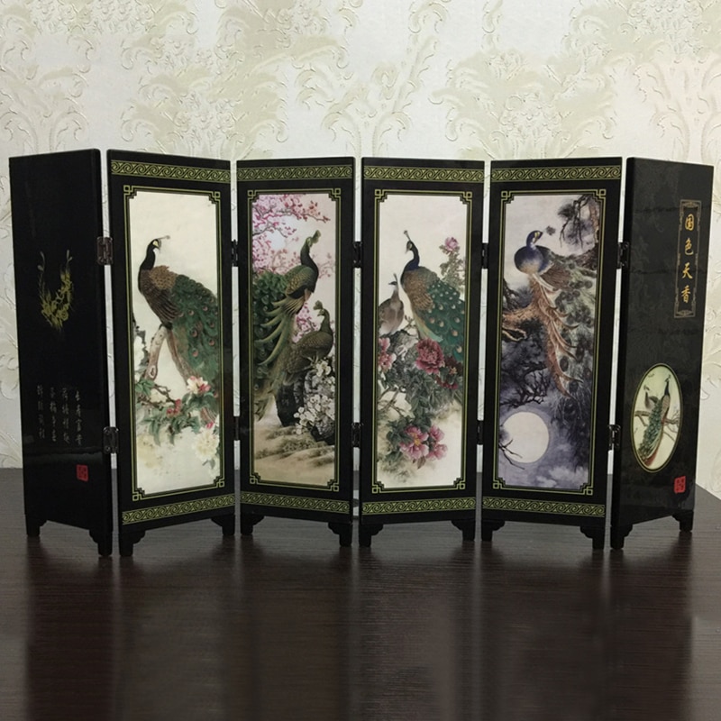 Mini salle diviseur paravent 6 panneau paon imprimé toile table en bois Art chinois décoration de la maison décor de mariage