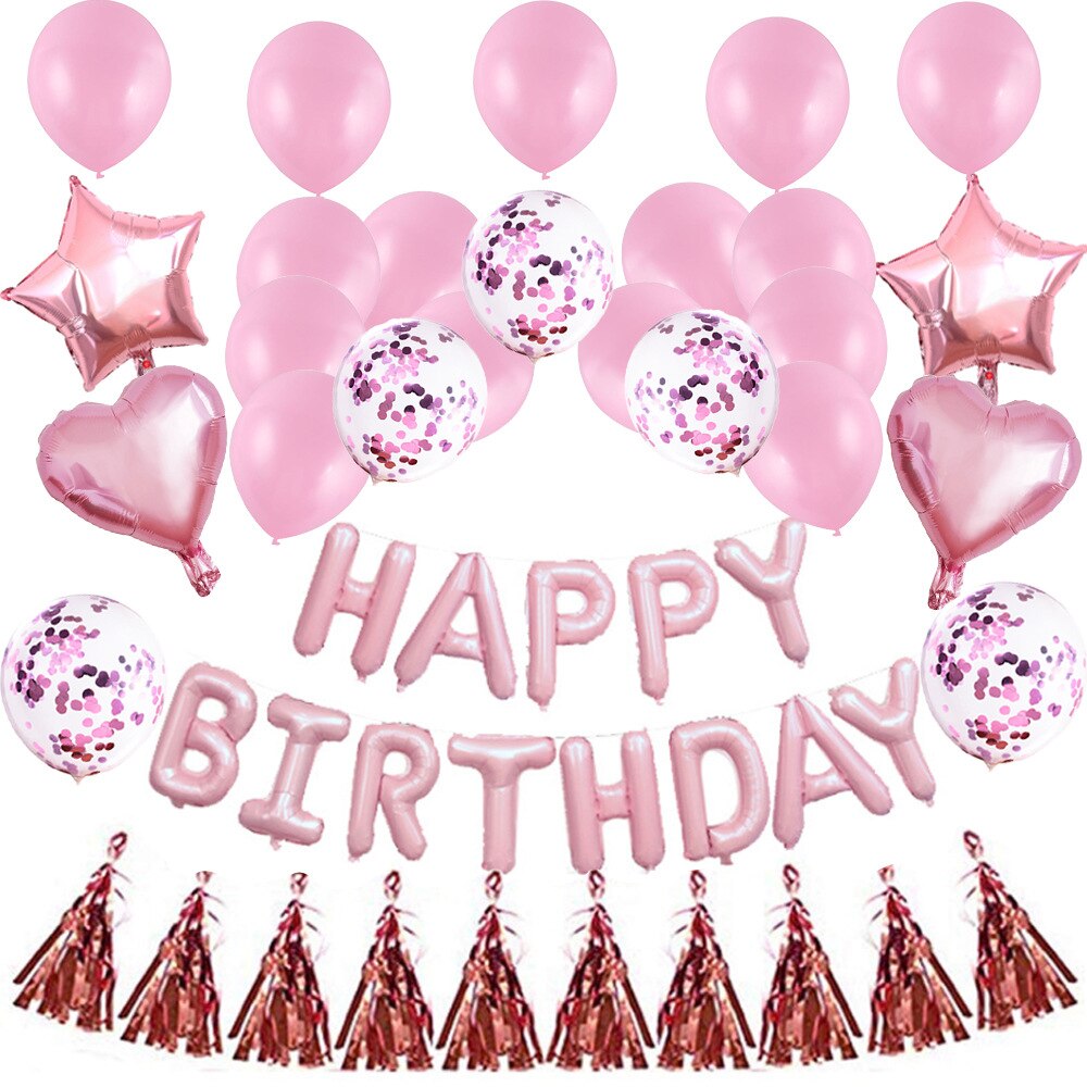 16 Inch Rose Gold Balloon Bbirthday Balloon Set Happy Birthday Letter Aluminum Film Balloon Tassel Rose Gold Sequined Balloon