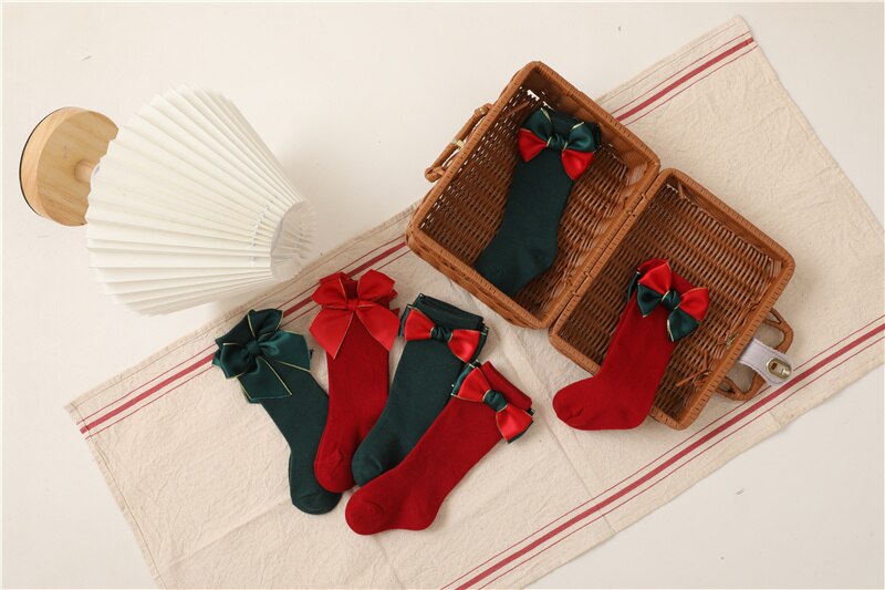 2 Pairs Kids Kerst Sokken, Mid-Kalf Lengte Sokken Met Strik Decoratie Kousen Voor Peuters, Meisjes, jongens, 0-4Years
