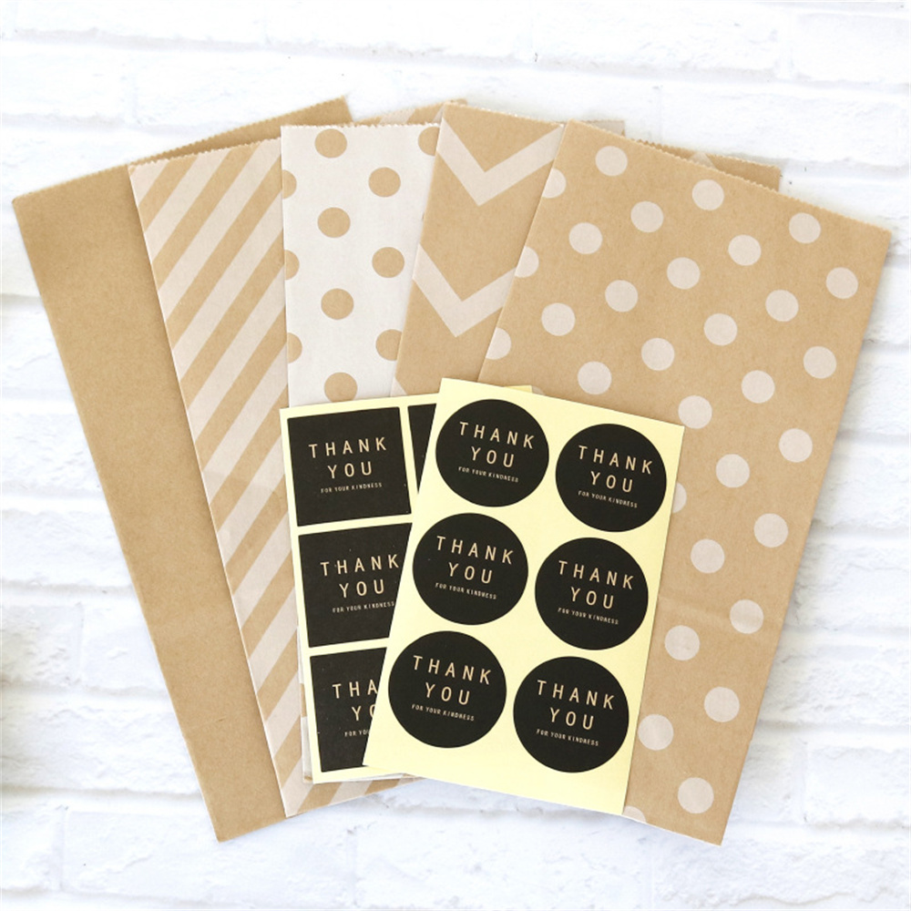 5 Sets Polka Dot Stripe Blank Kraft Paper Bags Candy Bag Wedding Birthday Party DIY Packaging Bags With Thank You Sticker