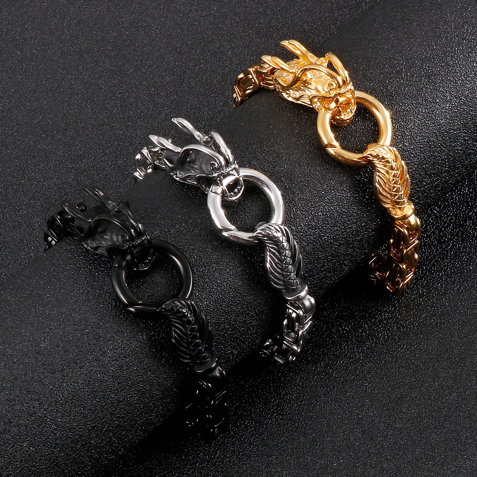 Fongten Drachen Punk Wikinger Schwarz Gold Silber Farbe Edelstahl Kasten Verknüpfung Kette Männer Armbinde Schmuck