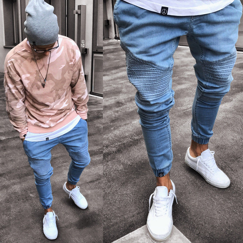 Men's Stretchy Ripped Skinny Biker Jeans Destroyed Slim Fit Denim Pants Mens Elastic Waist Harem Pants Men Jogger Clothes