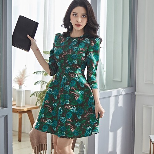 Floral Three-Quarter Sleeve V-Neck Dress main image 1