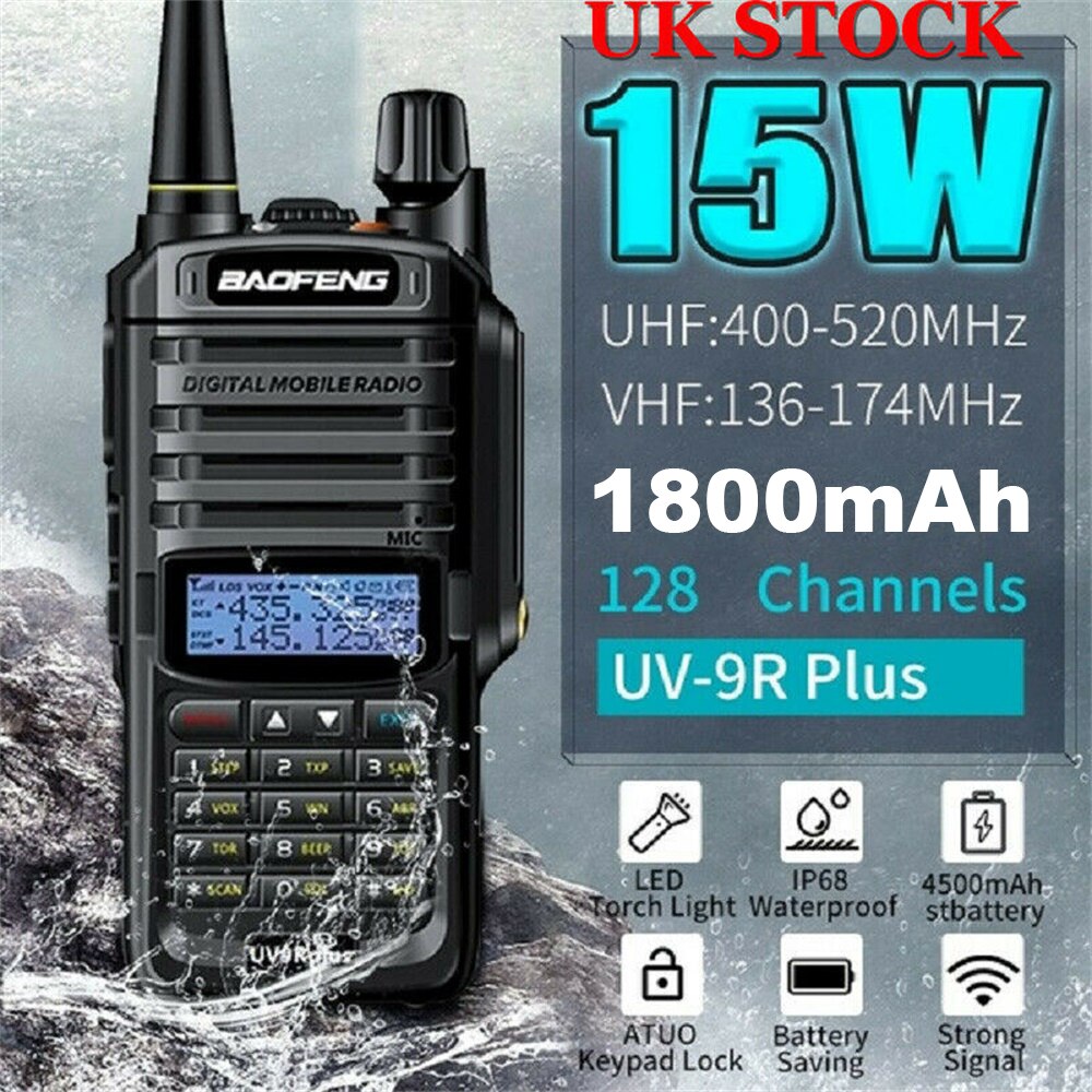 UV-9R 15W Plus Baofeng VHF136-174, UHF 400-520MHz Walkie Talkie Dual Band Handheld Twee Manier Radio 1800MAH Batterij EU/US PLUG USB