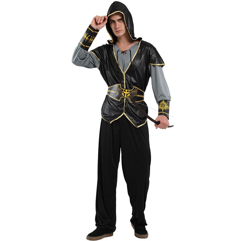 Voksne mænd hætteklædte jæger bueskytte jæger kostume halloween purim fest karneval cosplay outfit