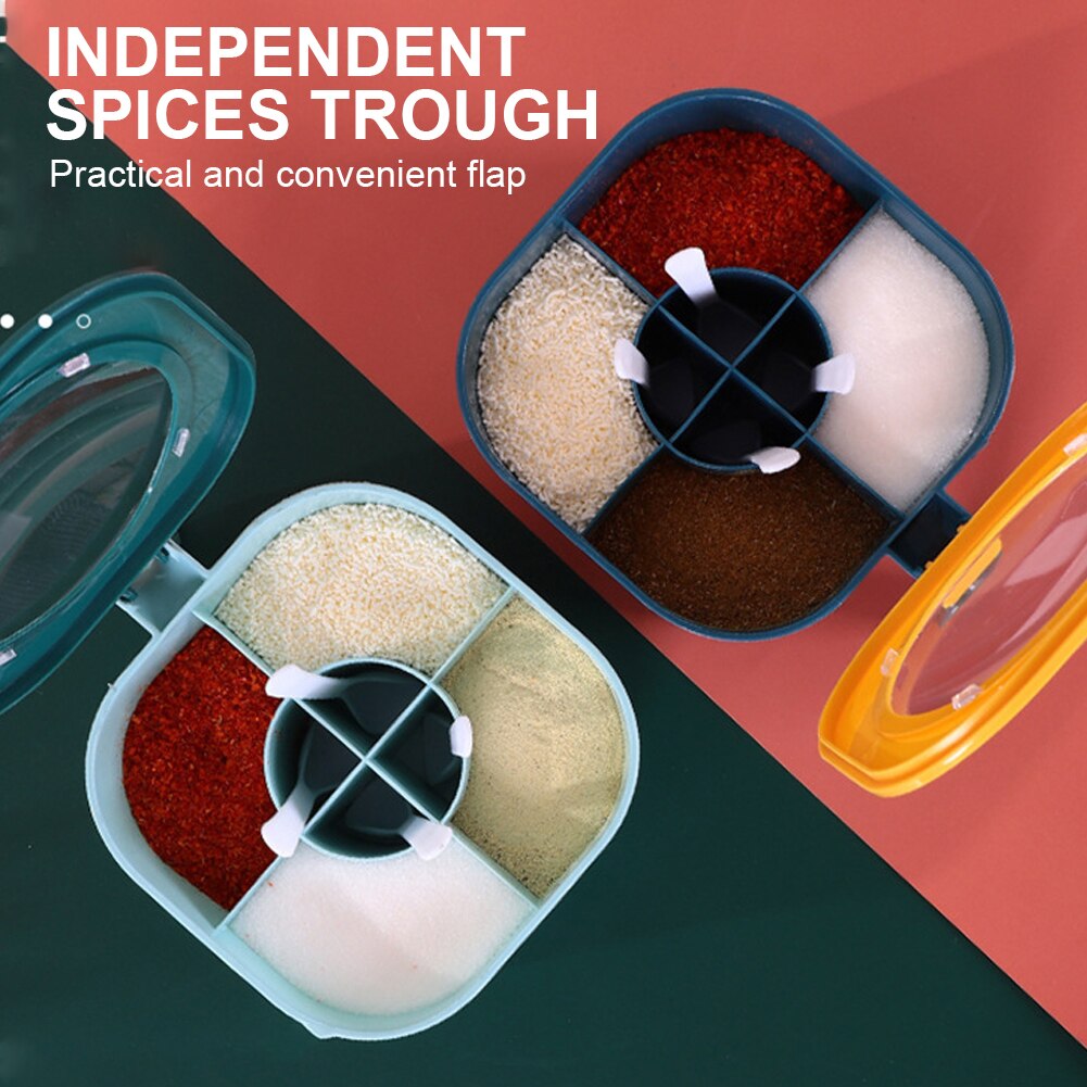 4 Grids Seasoning Box Salt Pepper Sugar Spices Storage Box with Spoon Lid Plastic Condiment Container Jar Kitchen Accessories