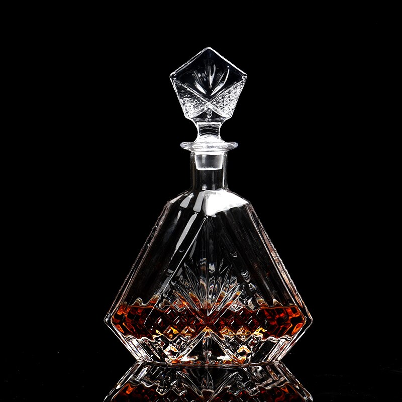 Old grooved machine made glass whiskey decanter & whisky glasses set for brandy whisky with stainless steel ice cube