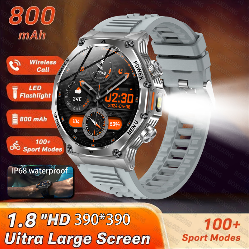 2025 Nuovo Smart Watch Uomo Torcia a LED 1.8 pollici Sport all'aria aperta da uomo Fitness Tracker 800mah Batteria di grandi dimensioni BT Chiamate Smartwatch: Black