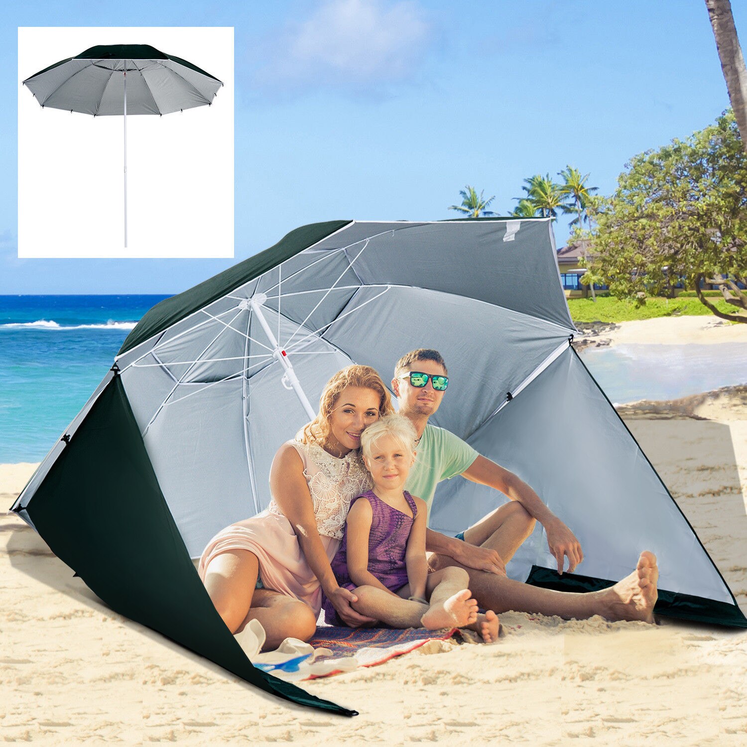 Outsunny Sombrilla de Playa con Paravientos tipo Tienda-Parasol Camping 2 Funciones para Protección de rayos UV Φ210x222cm