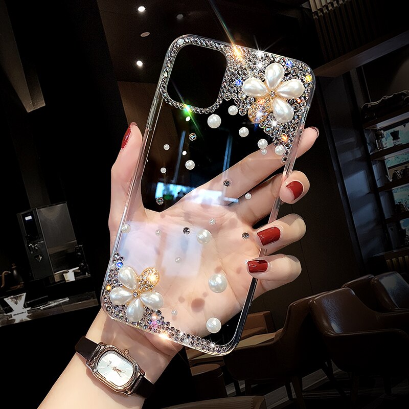 Pearl Diamond Flower Phone Case For Samsung Galaxy A01 A30 A40 M11 M21 M30S M31 M31S M51 A10 A10E A20 A20S A20E Rhinestone Cover