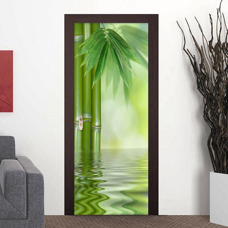 2 piezas/set diy 3d pegatinas de pared para puerta estilo chino, papel tapiz de bambú verde, decoración del hogar para sala de estar, póster mural de vinilo