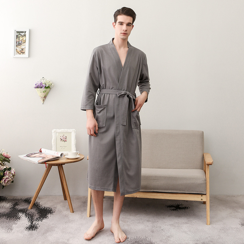 Spring And Summer Bathrobe Female Thin Section Waffle Couple Robe Men And Women Summer Korean Bathrobe Pajamas Homewear: M / GRAY