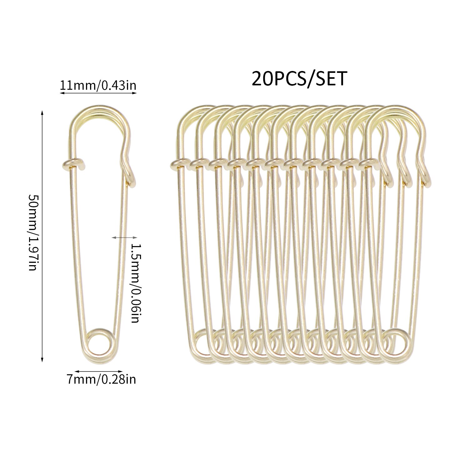 20Pcs Grote Metalen Pin Lengte 50Mm Veiligheidsspelden Rvs Broche Lente Lock Sluitingen Diy Naaien Gereedschap Apparel accessoires: Gold 20pcs B