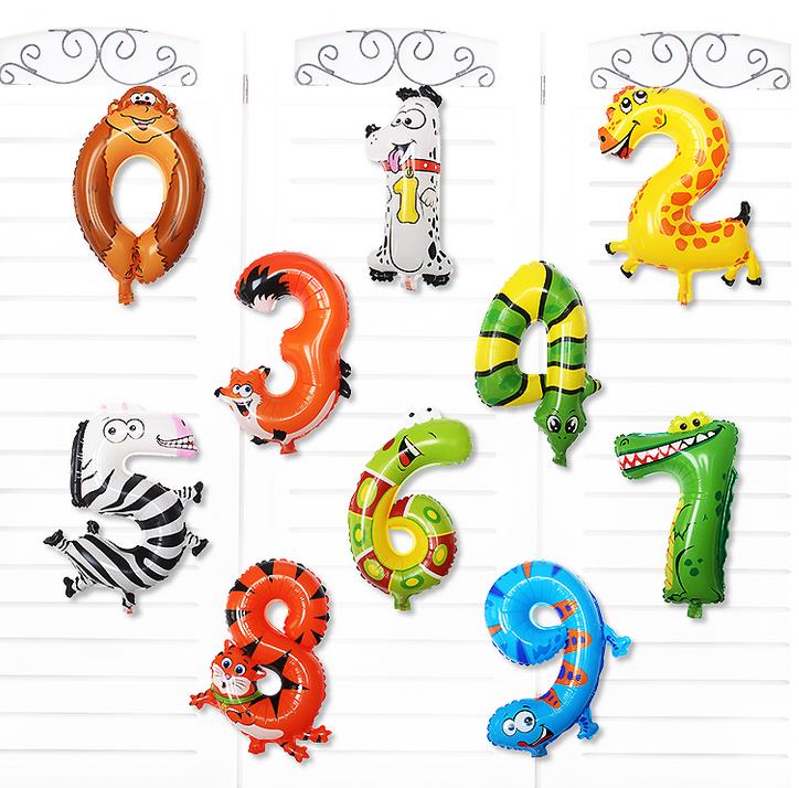 10Pcs/lot Party Balloons Animal Number Balloons Wedding Birthday Festival Party Supplies Aluminum Foil Gold Silver Pink Blue 0-9: MULTI