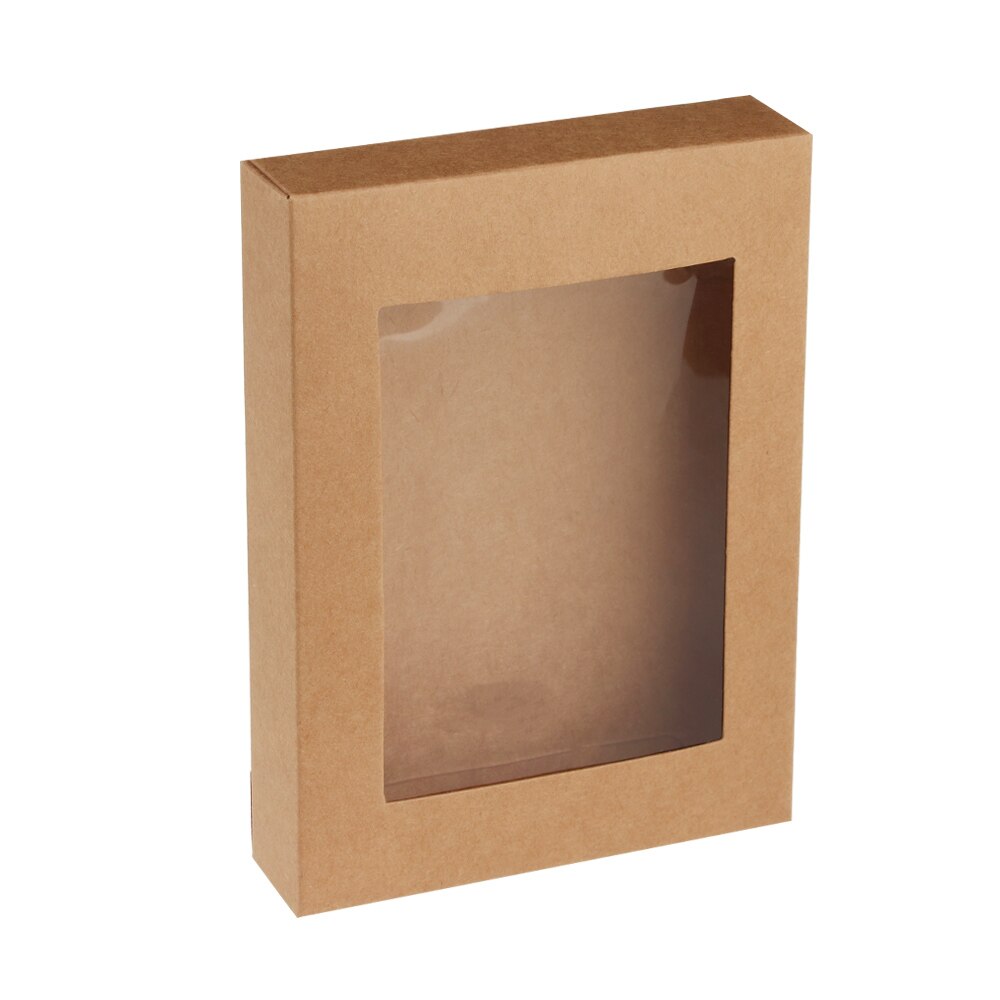 10Pcs Vintage Kraft Papier Box Kuchen Paket Klar PVC Fenster Süßigkeiten Verpackung Tasche Hochzeit Geburtstag DIY Party gefälligkeiten