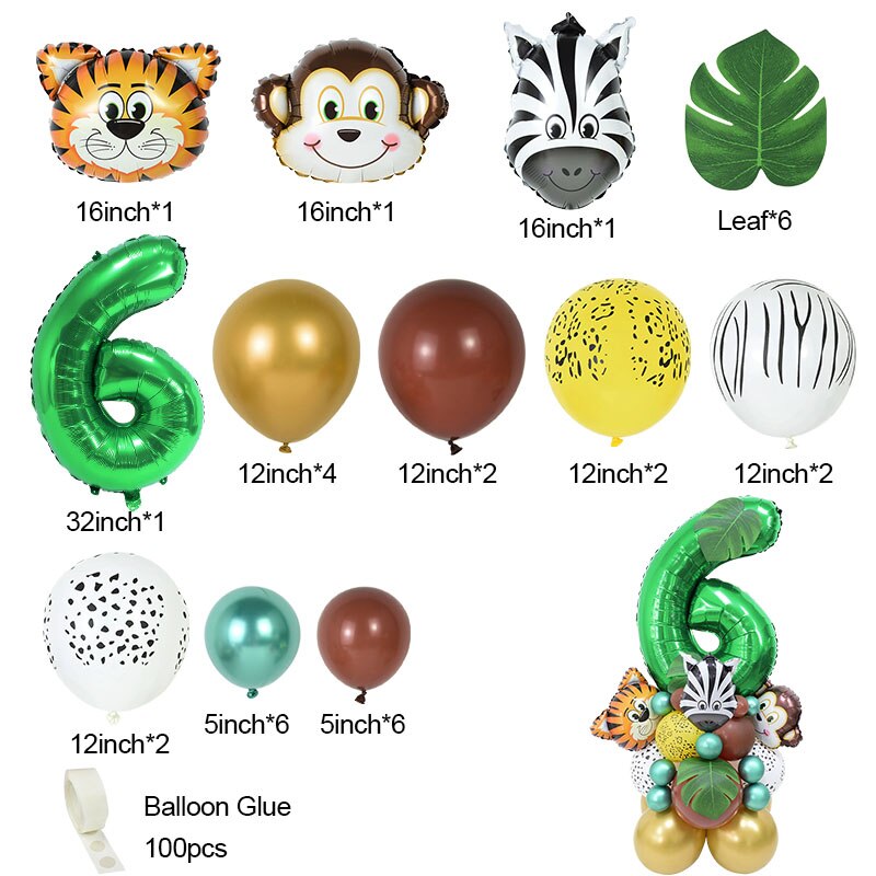 Conjunto de globos con número de animales de Safari para niños, decoración para de cumpleaños de 1 a 9 años, suministros para Baby Shower, 35 piezas: Number6 Set
