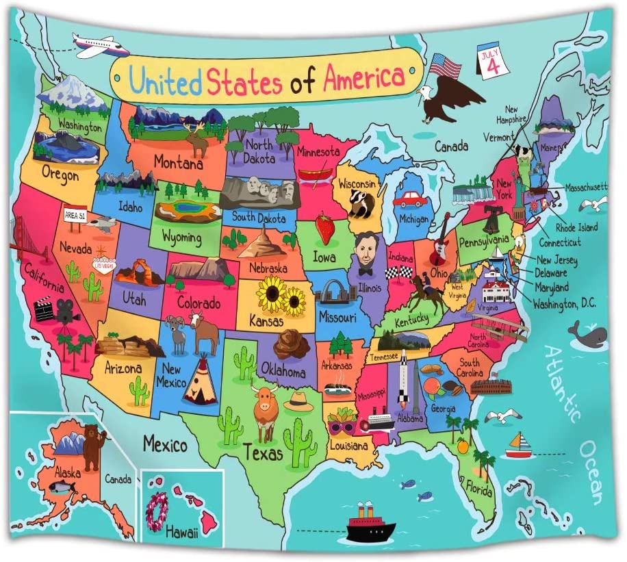 Kids Kaart Van De Verenigde Staten Wandtapijten Cartoon Leuke Feiten Geografie Usa Polyester Stof Deken Decor Kamer Esthetische: 150X150CM