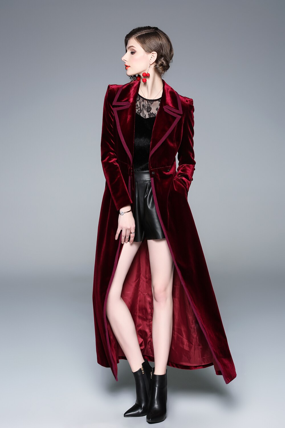 Abrigo largo de terciopelo con cuello de solapa para mujer, abrigo rojo , temperamento Noble, prendas de vestir, novedad, invierno,