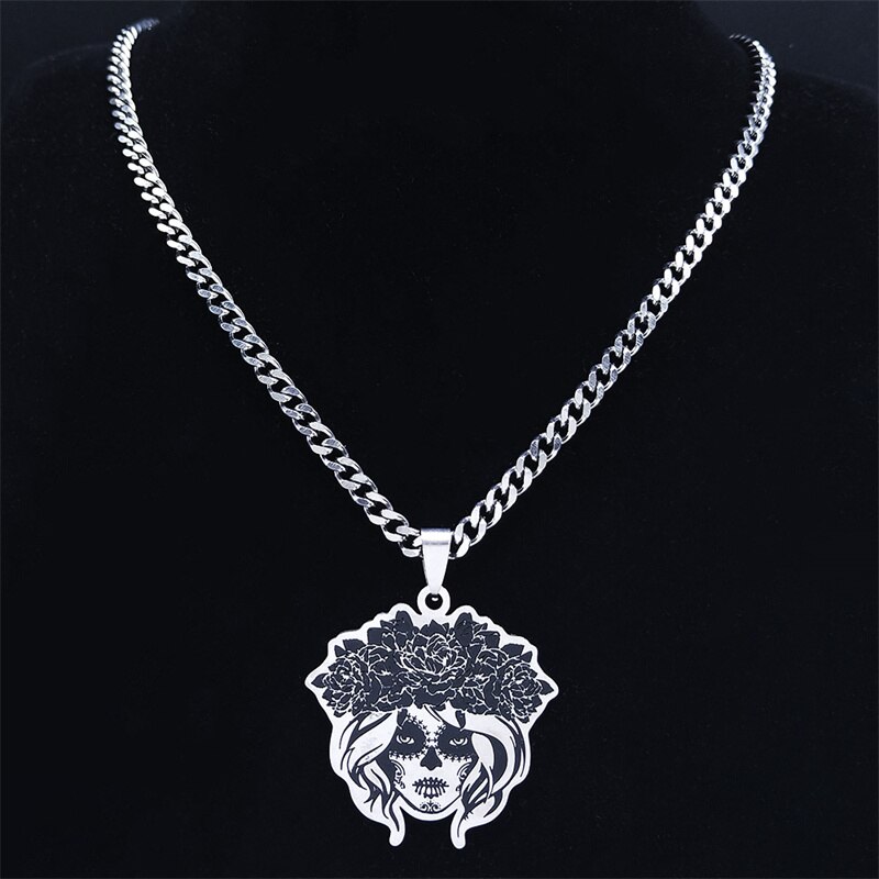 Gothic-halskette aus edelstahl mit mexikanischem totenkopfmotiv für damen, silberfarbene kette, schmuck colgante  n3636 s 06