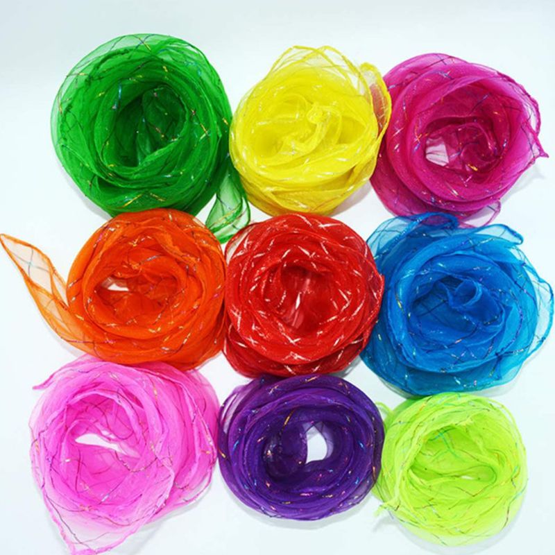 Children Kids Kindergarten Performance Dance Scarves Bright Candy Color Gold Wire Juggling Movement Square Scarf Kerchief Props