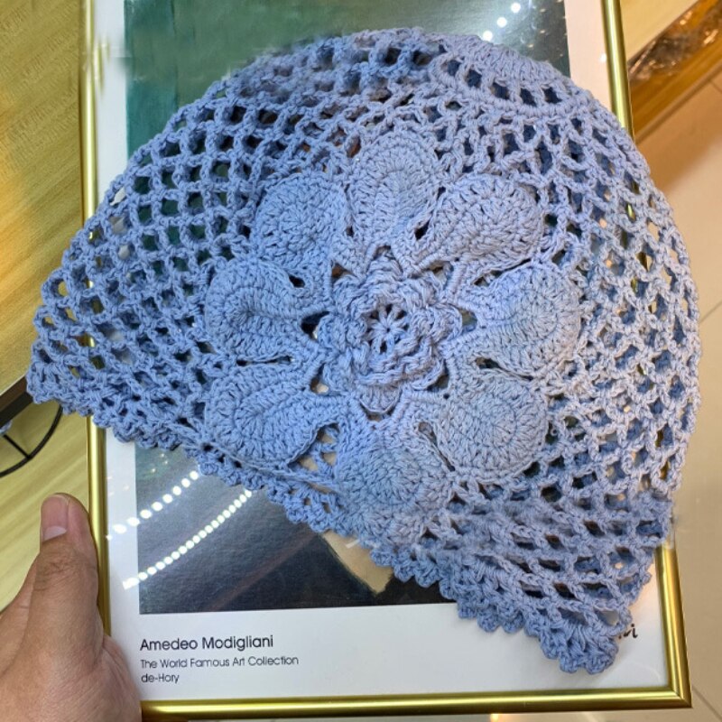 Bonnet à fleurs pour femmes, chapeau Vintage, tricot, Crochet, bonnet à fleurs pour femmes, rétro, pour printemps et été, HT3166: Bleu