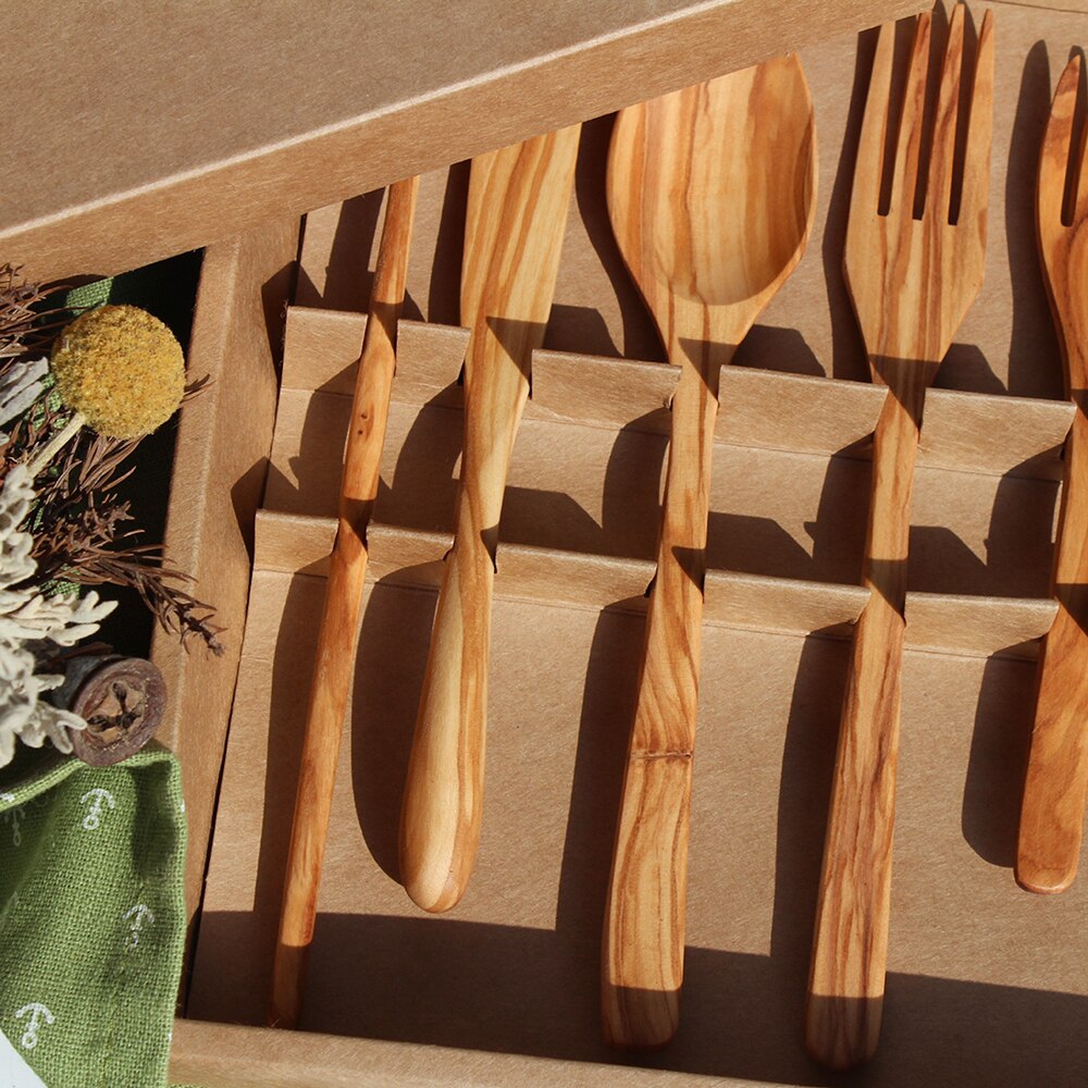 Olijf Houten Gebruiksvoorwerp kleine kitchenwares houten hand gemaakt Spatel en Lepel vork mes 8 set leuk voor kinderen #950