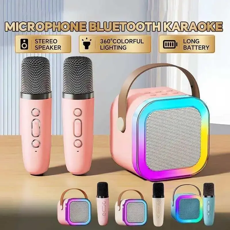 K12 Wireless Bluetooth Speaker Multifunction with 2 Microphone RGB Portable Music Player Karaoke Machine for Child Home