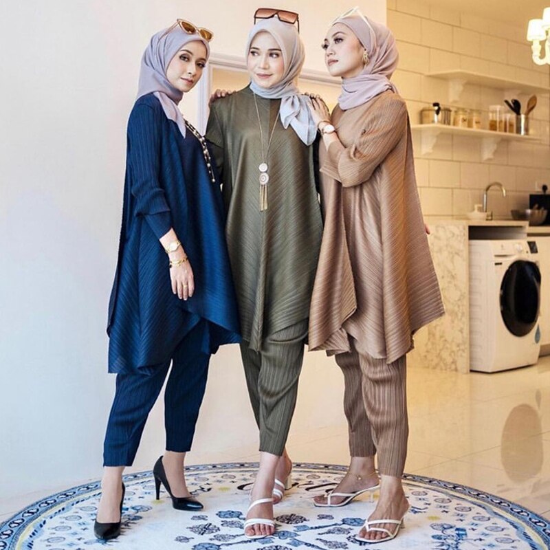 Women Muslim Sets Islamic Clothing Plain Suits Morocco Turkish Full Sleeve Loose Tops Pants Oversized Kaftan Solid 2 Pieces Suit